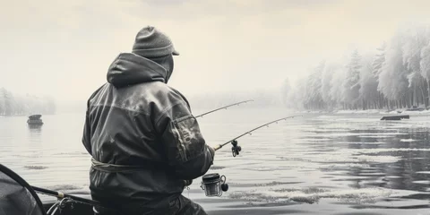  A man wearing a hooded jacket is fishing on a peaceful lake. This image can be used to depict a relaxing outdoor activity © Vladimir Polikarpov
