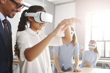 A man and a woman are depicted wearing virtual reality glasses. This image can be used to illustrate the concept of virtual reality technology and its applications