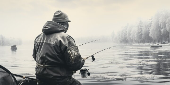 A man wearing a hooded jacket is fishing on a peaceful lake. This image can be used to depict a relaxing outdoor activity