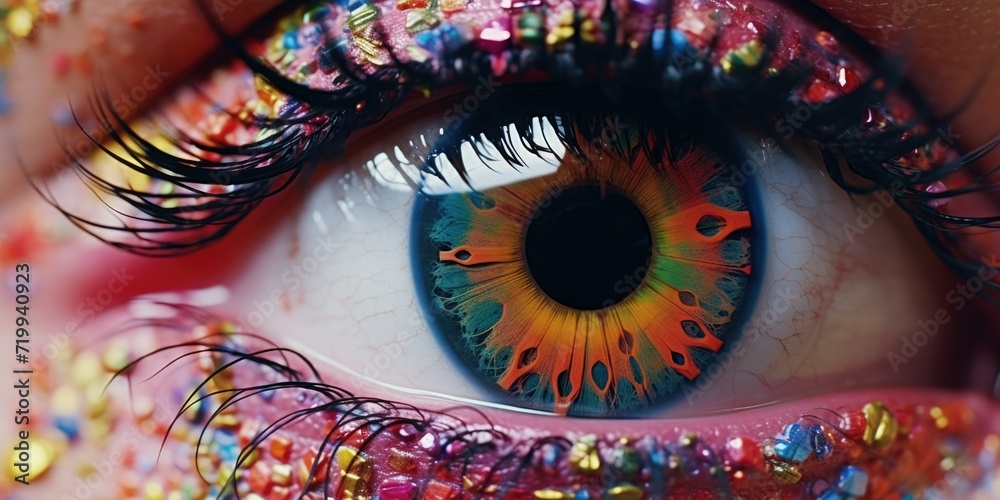 Aufkleber A close-up view of a person's eye adorned with sparkling glitter. This captivating image can add a touch of glamour and allure to any project or creative endeavor