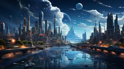 Fototapeta premium A futuristic cityscape with holographic billboards and flying cars