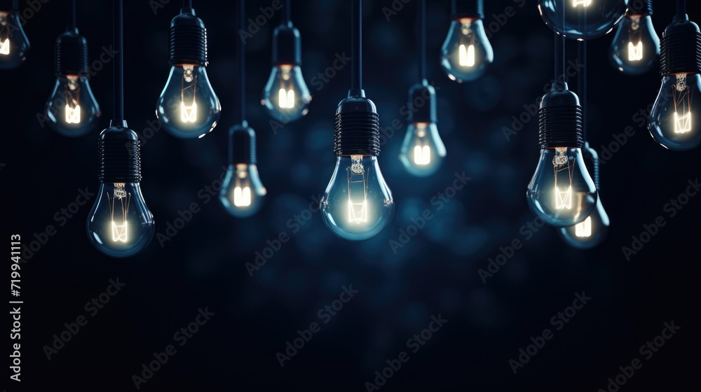 Poster A cluster of light bulbs hanging from a ceiling. Perfect for adding a unique and modern touch to any space