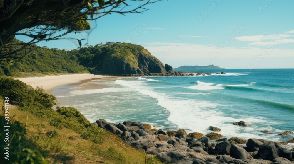 Poster a scenic view of a beach with rocks and water. suitable for travel and nature-themed projects
