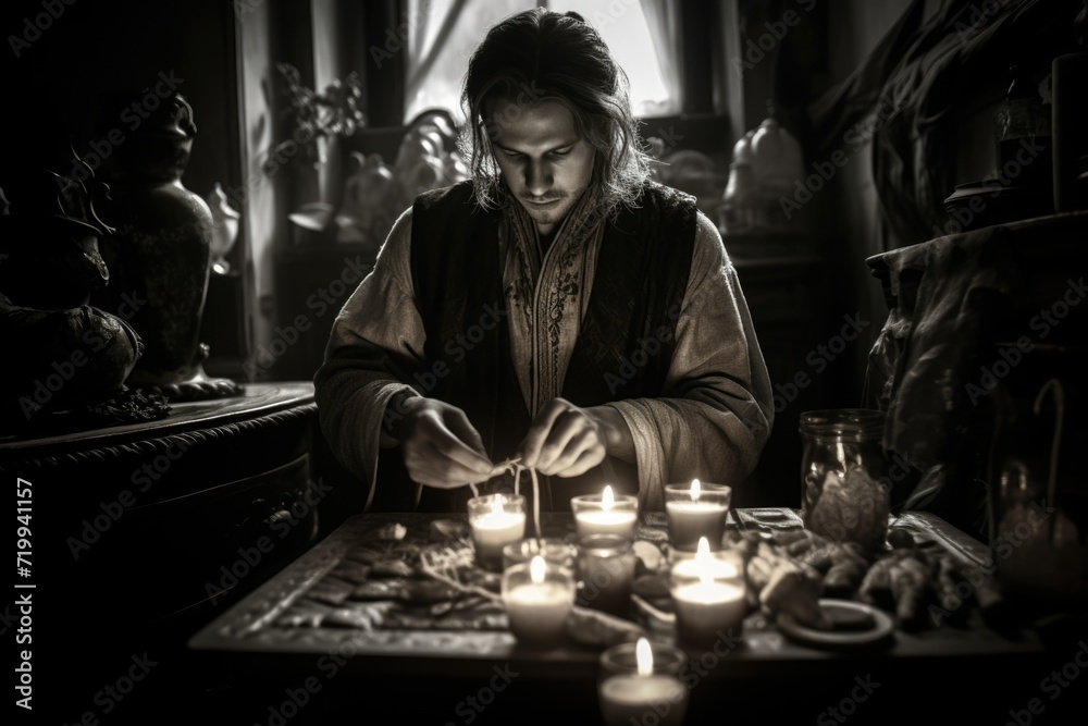Poster A man sitting at a table with candles. Suitable for various themes and occasions