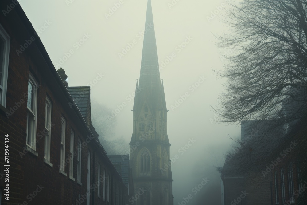 Poster A church steeple surrounded by fog on a foggy day. Suitable for various uses