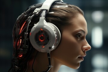 A woman wearing headphones with a red light in her ear. Perfect for illustrating the concept of listening to music or audio
