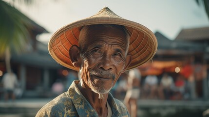 A man wearing a straw hat enjoying the beach. Perfect for travel and vacation themes