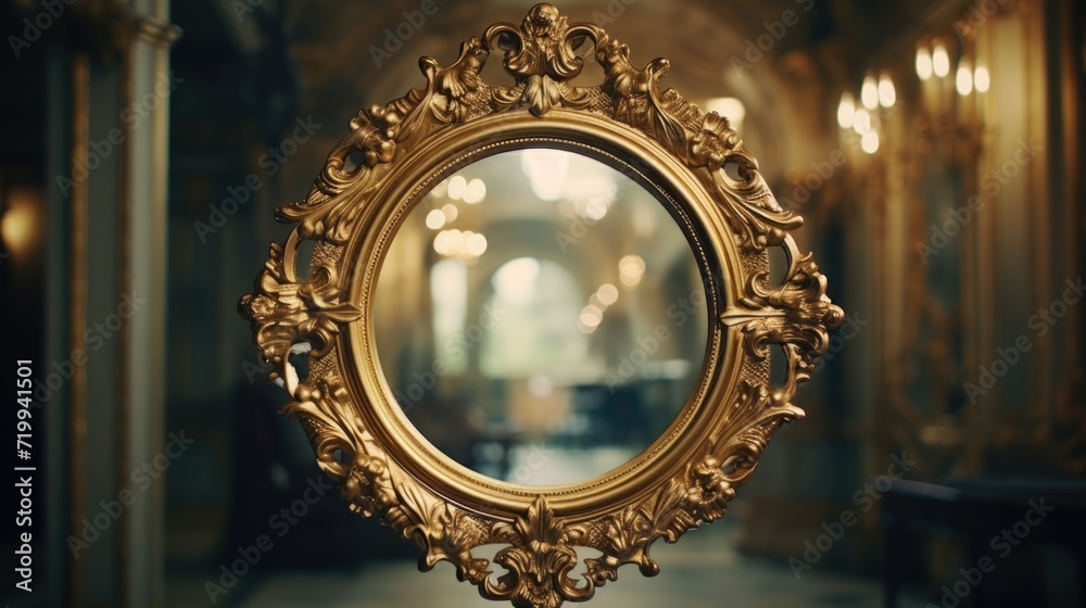 Aufkleber a gold framed mirror is placed in a hallway, adding an elegant touch to the space. this picture can 