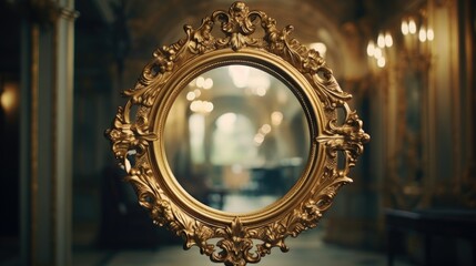 A gold framed mirror is placed in a hallway, adding an elegant touch to the space. This picture can be used for interior design or home decor themes - obrazy, fototapety, plakaty