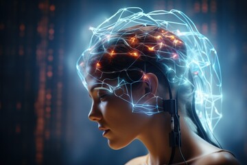 Obraz premium A woman's head with glowing wires forming the shape of a brain. Ideal for science, technology, and futuristic concepts