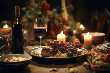 A picture of a plate of food and a glass of wine on a table. Suitable for restaurant menus or food and beverage promotions