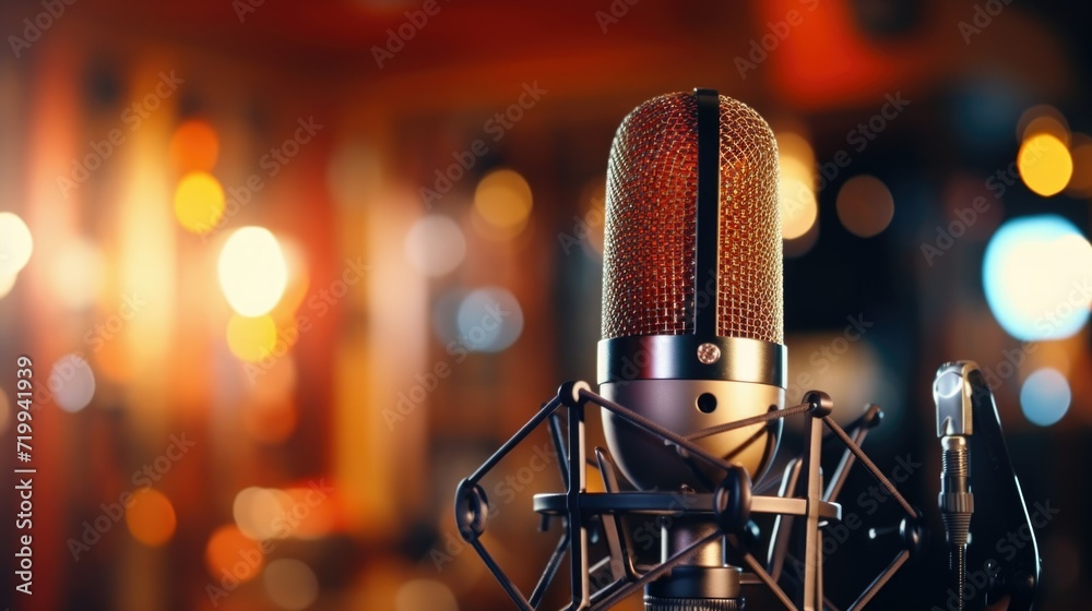 Poster a close-up view of a microphone with vibrant lights in the background. this image can be used to rep