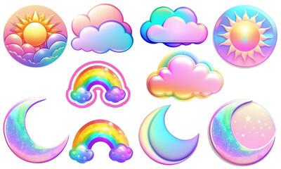 Multicolored holographic gradient vibrant trendy illustration abstract collection. holographic sticker on a transparent background. clipart, collection, set. clouds, sun, moon, rainbow