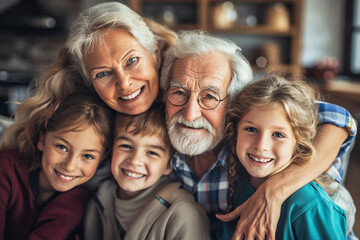 Relationships between different generations within a family, such as grandparents with grandchildren, convey the richness of family history. - obrazy, fototapety, plakaty