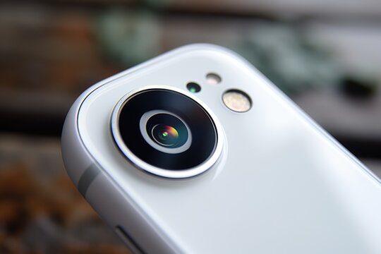 A detailed view of a camera lens attached to a cell phone. This image can be used to showcase mobile photography or technology