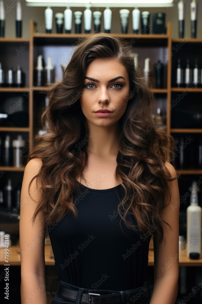 Poster a woman standing in front of a shelf filled with various hair products. this image can be used to sh