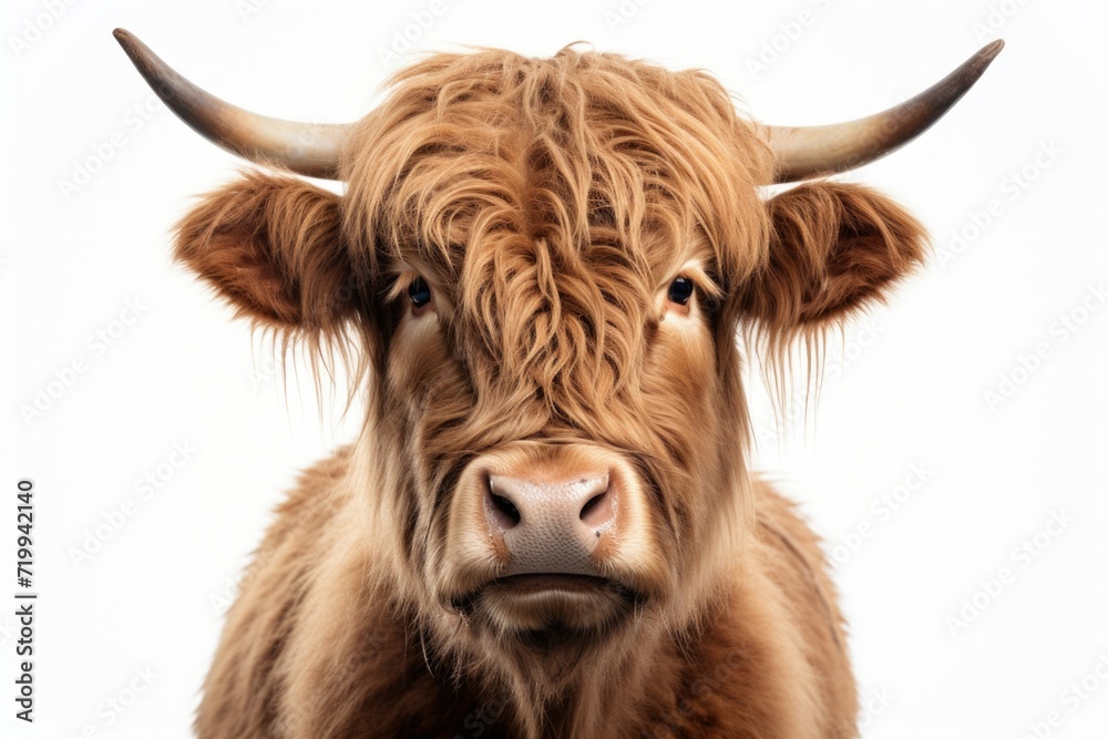 Poster a close up view of a cow's face on a white background. this image can be used for various purposes