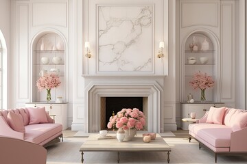 Explore the enchanting perfect blend of pastel pinks in the architectural design of a indoor fire place.