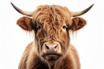 A close up view of a cow's face on a white background. This image can be used for various purposes
