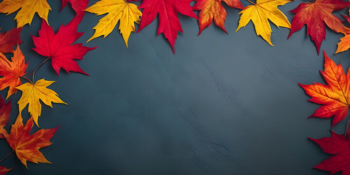 Autumn Elegance: Top-View Composition of Red Leaves on a Blue Slate Background with Copy Space