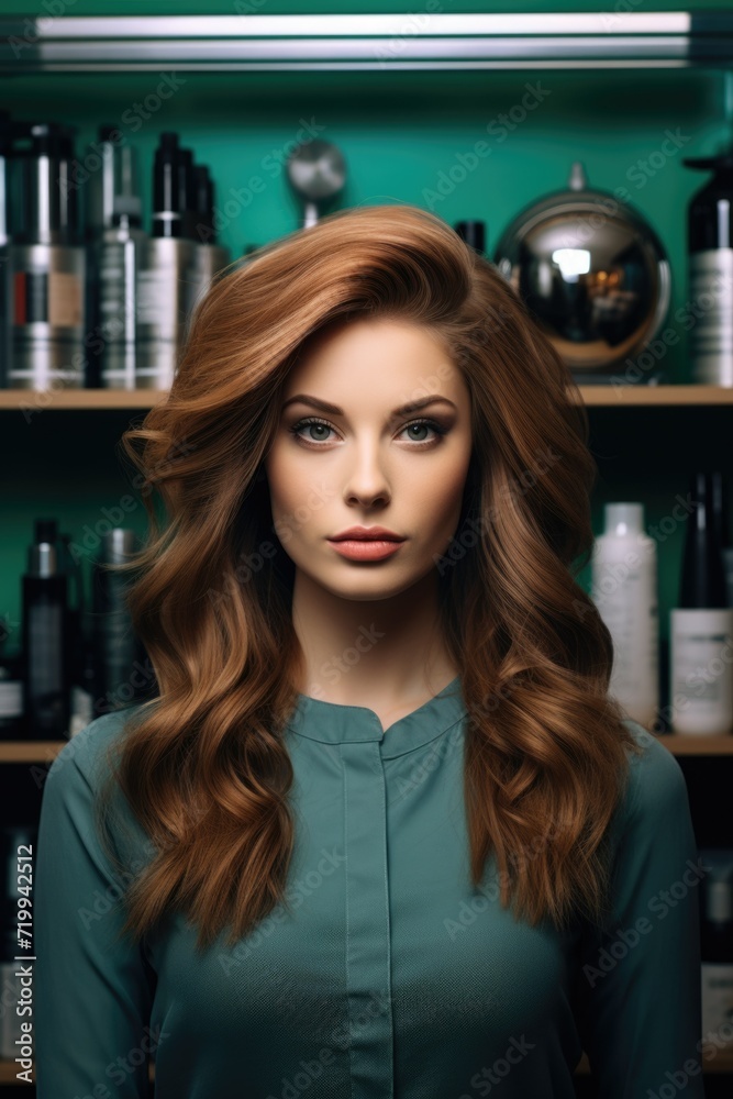 Aufkleber Woman standing in front of a shelf filled with various hair products. This image can be used to showcase a wide range of hair care products and options