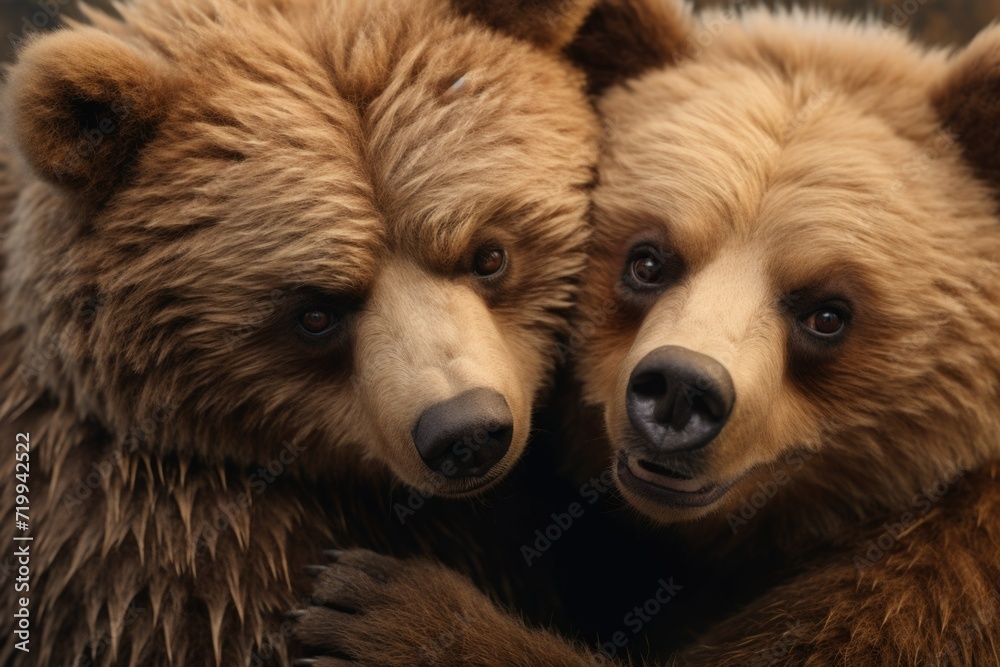 Poster two brown bears embracing each other. suitable for wildlife or nature-related projects