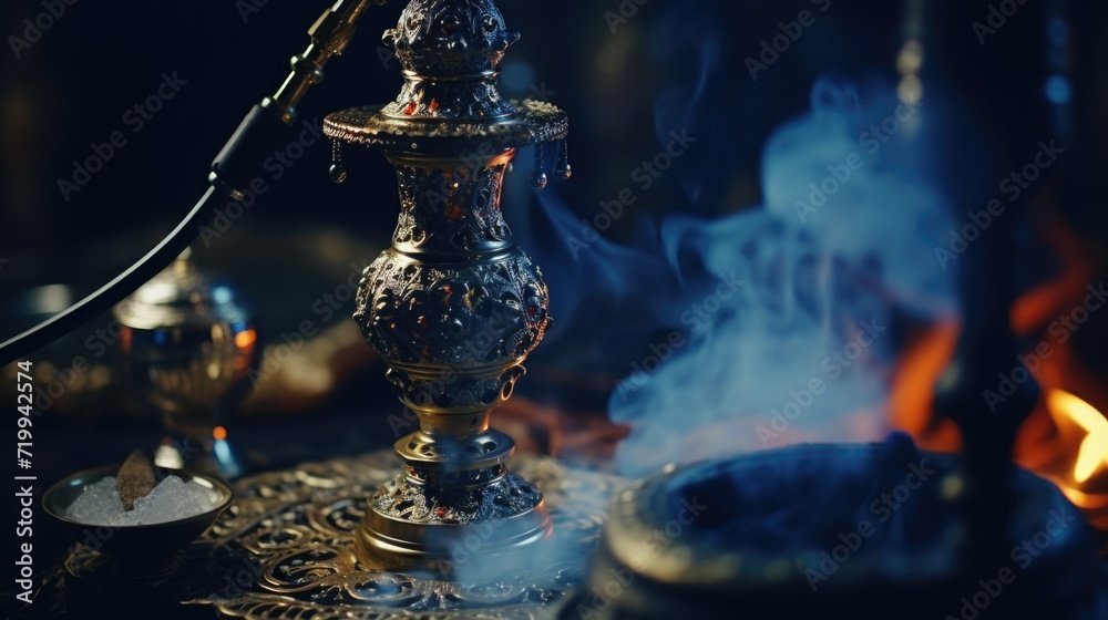 Poster a close-up view of a metal object emitting smoke. perfect for illustrating industrial processes or m