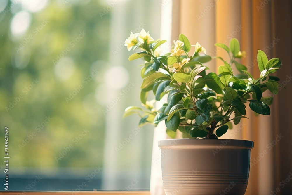 Poster a potted plant sitting on a window sill. ideal for adding a touch of nature to any indoor space