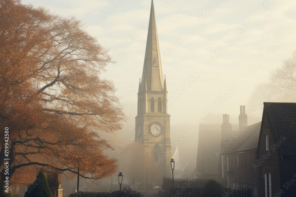 Aufkleber A picture of a clock tower standing in the middle of a foggy street. This image can be used to create a mysterious and atmospheric setting