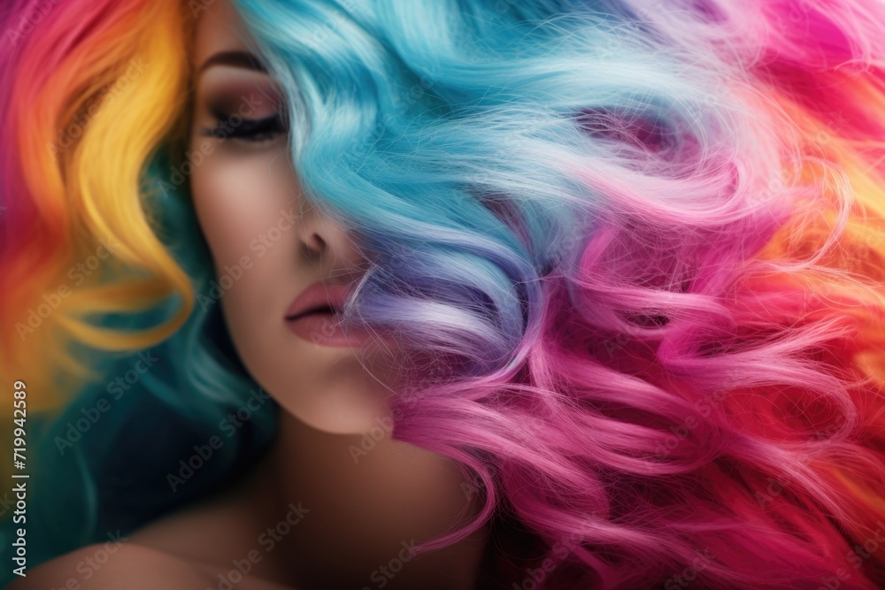 Poster a close-up view of a woman with vibrant and colorful hair. perfect for adding a pop of color and uni