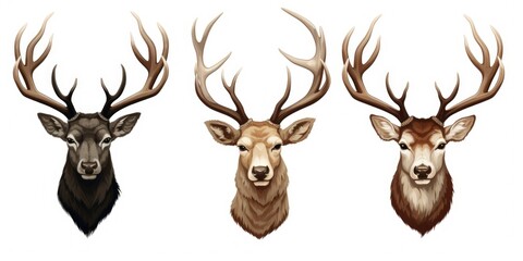 Three deer heads with antlers on a white background. Suitable for rustic decor or hunting-related themes