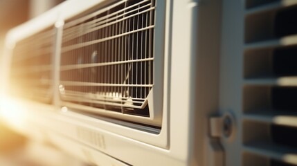 A detailed view of a window air conditioner. Suitable for illustrating home cooling solutions