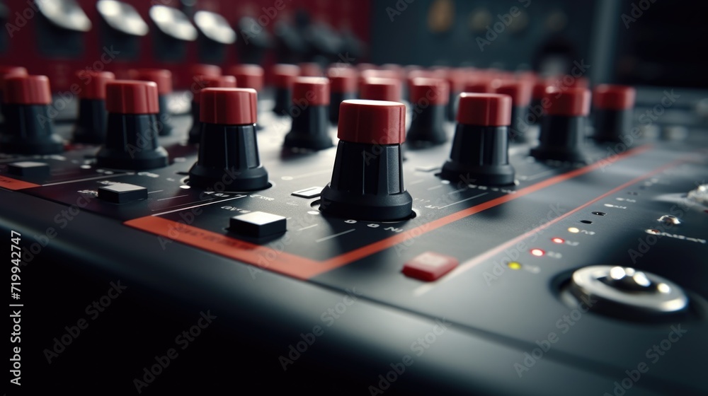 Poster A detailed view of a sound board featuring red knobs. This image can be used to illustrate music production, audio engineering, or sound mixing concepts