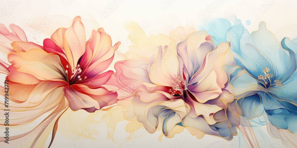 Poster A detailed close-up view of a painting showcasing vibrant flowers. This picture can be used to add a touch of nature and color to various design projects