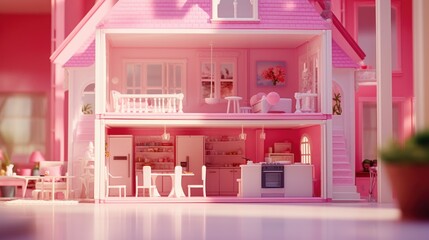 A pink doll house featuring a fully equipped kitchen and a cozy dining area. Perfect for imaginative play and creative storytelling