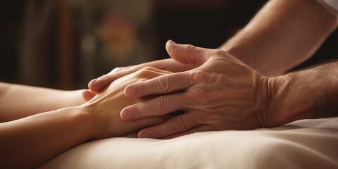 A picture of a man and a woman holding hands on a bed. Suitable for romantic or intimate themes