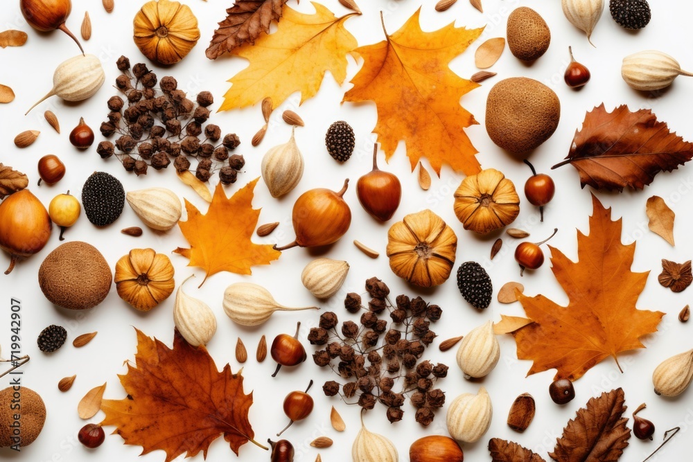 Poster A variety of different types of nuts displayed on a white table. Suitable for food-related projects or healthy lifestyle content