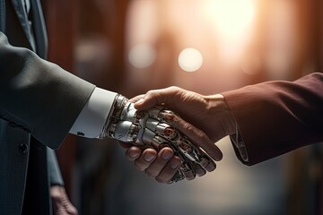 Two businessmen handshake and one businessman has a robotic arm, showcasing the Tech-driven...