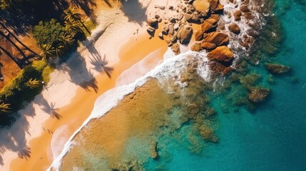 Aerial top view of the beach, trees and rocks on the ocean