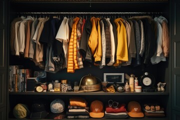 A closet filled with a variety of clothes and hats. Perfect for fashion-related projects and wardrobe inspiration