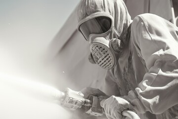 A man wearing a gas mask is seen spraying a wall with a canister. This image can be used to depict...