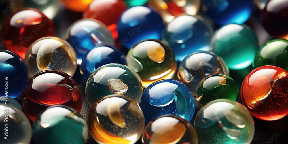 Poster a collection of glass marbles arranged neatly on a table. perfect for various creative projects and 