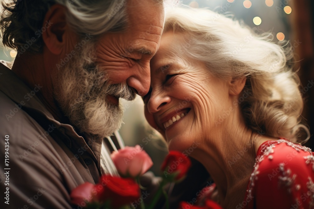 Poster a picture of a man and a woman sharing a smile. suitable for various uses