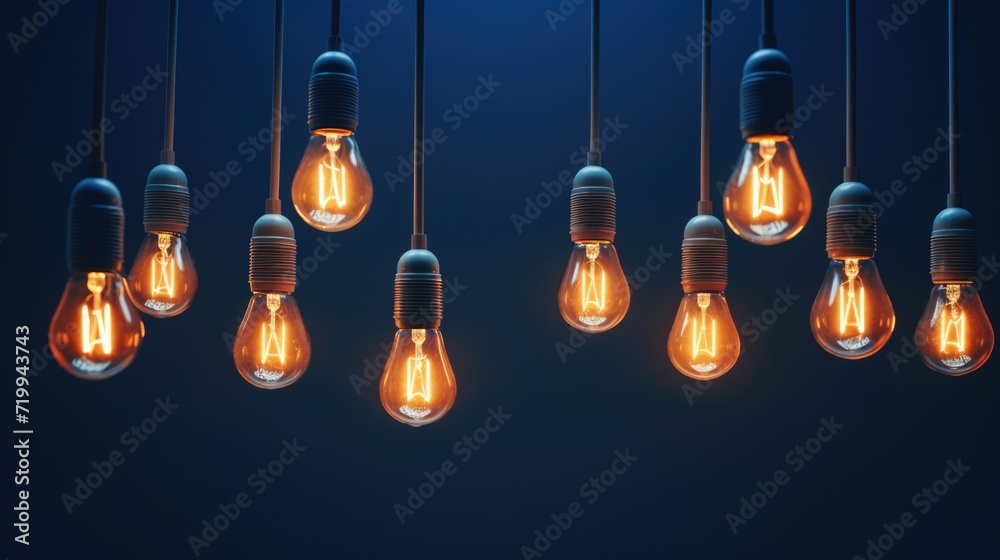 Poster A collection of light bulbs suspended from the ceiling. Perfect for adding a unique and modern touch to any space