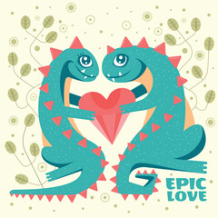 happy valentines day, cute dragons with a heart, epic love