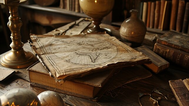 An open, aged book revealing a centuries-old map lies on a wooden table