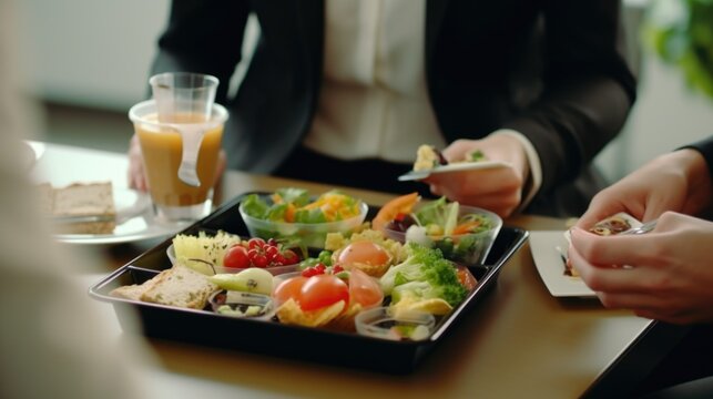 Two people are seen sitting at a table with a tray of food. This image can be used to depict a meal shared between friends or family