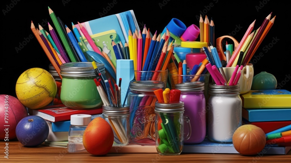 Poster a vibrant assortment of various colored pencils neatly arranged on a wooden table. ideal for creativ