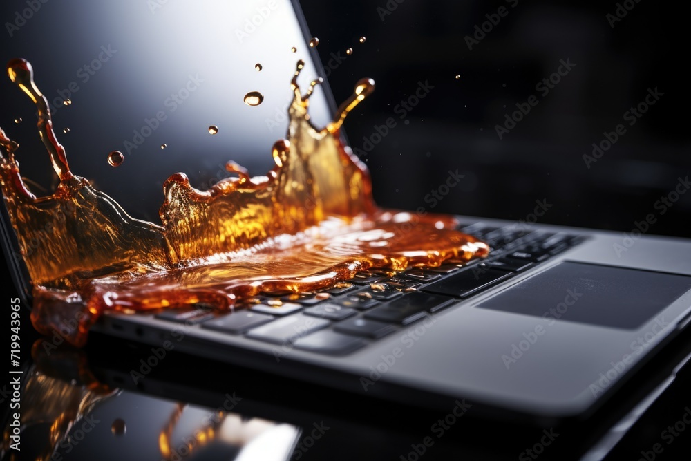 Sticker A laptop with a splash of liquid on the keyboard. Ideal for illustrating accidents, spills, or technology-related mishaps.