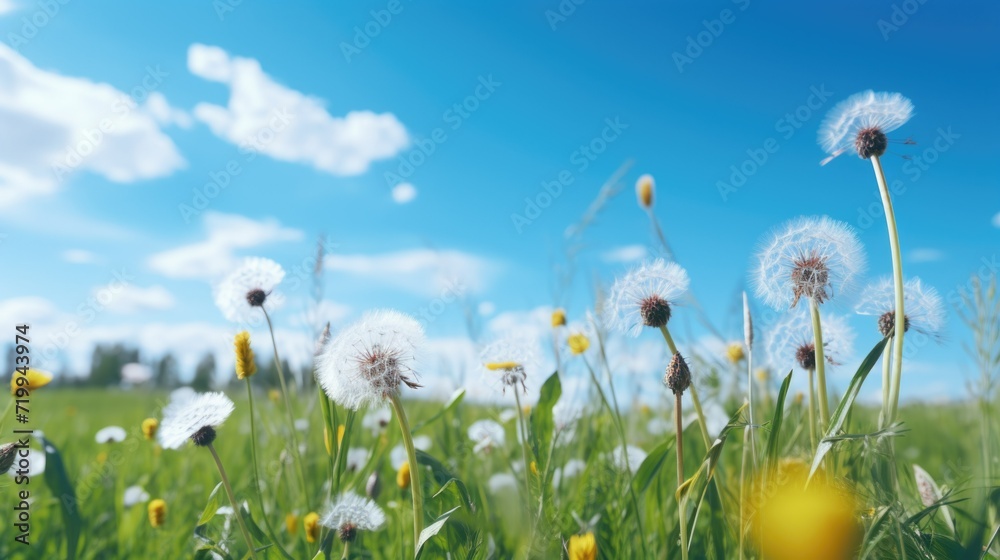 Poster a vibrant field of dandelions with a clear blue sky in the background. perfect for springtime or nat